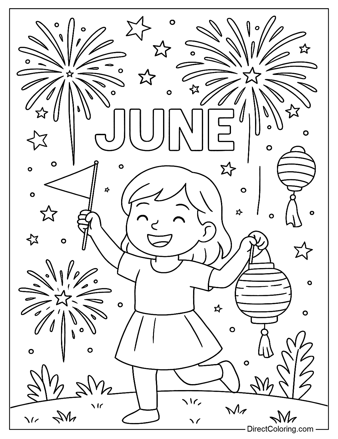 a June festival coloring page with fireworks in the night sky, flag bearers, and lanterns